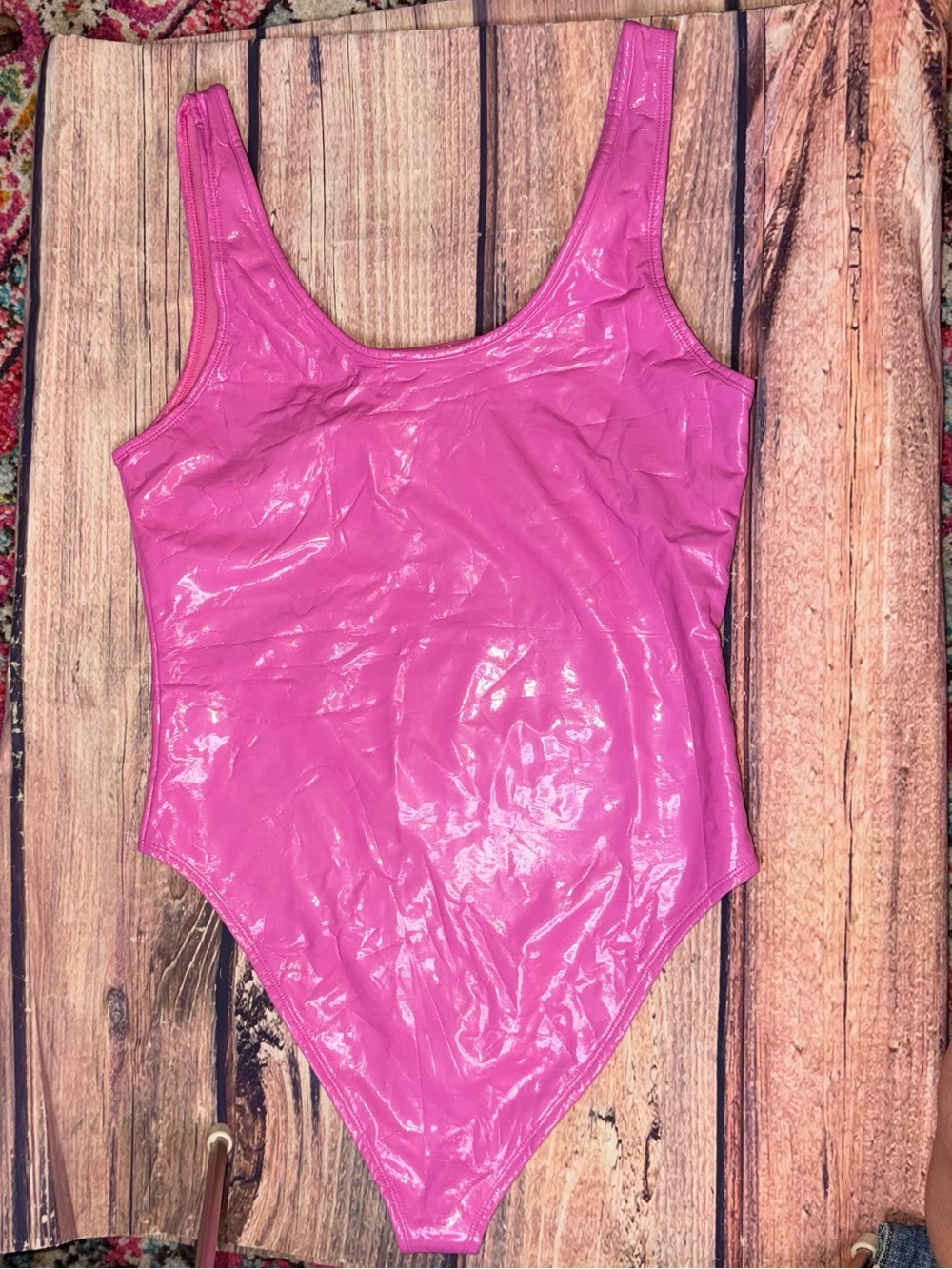 hot pink Forever 21 Barbie bodysuit made of a shiny vinyl material Size Large - Picture 5 of 5